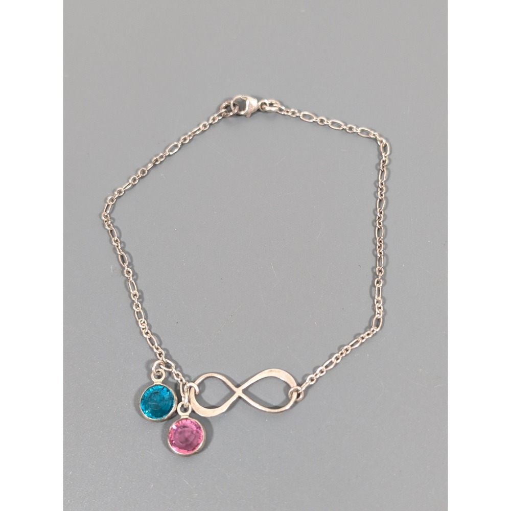 Sterling Silver 925 Infinity Chain Pink Blue Crystal Bezel Charm Bracelet‎ 7 in